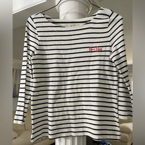 loft women white and dark blue stripes, knit long sleeve 100% Cotton sweater. - Picture 1 of 4